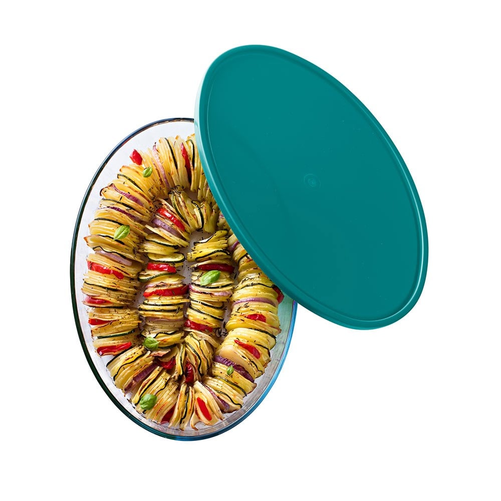 Pyrex Oval Kapaklı Cam Saklama Kabı 35 x 24 cm Yeşil