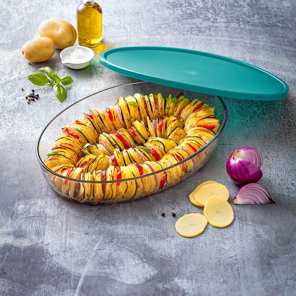 Pyrex Oval Kapaklı Cam Saklama Kabı 35 x 24 cm Yeşil