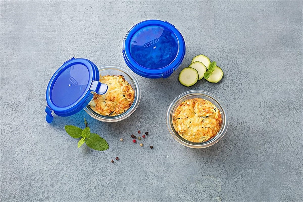 Pyrex Yuvarlak Kapaklı Cam Saklama Kasesi  200 ml Mavi