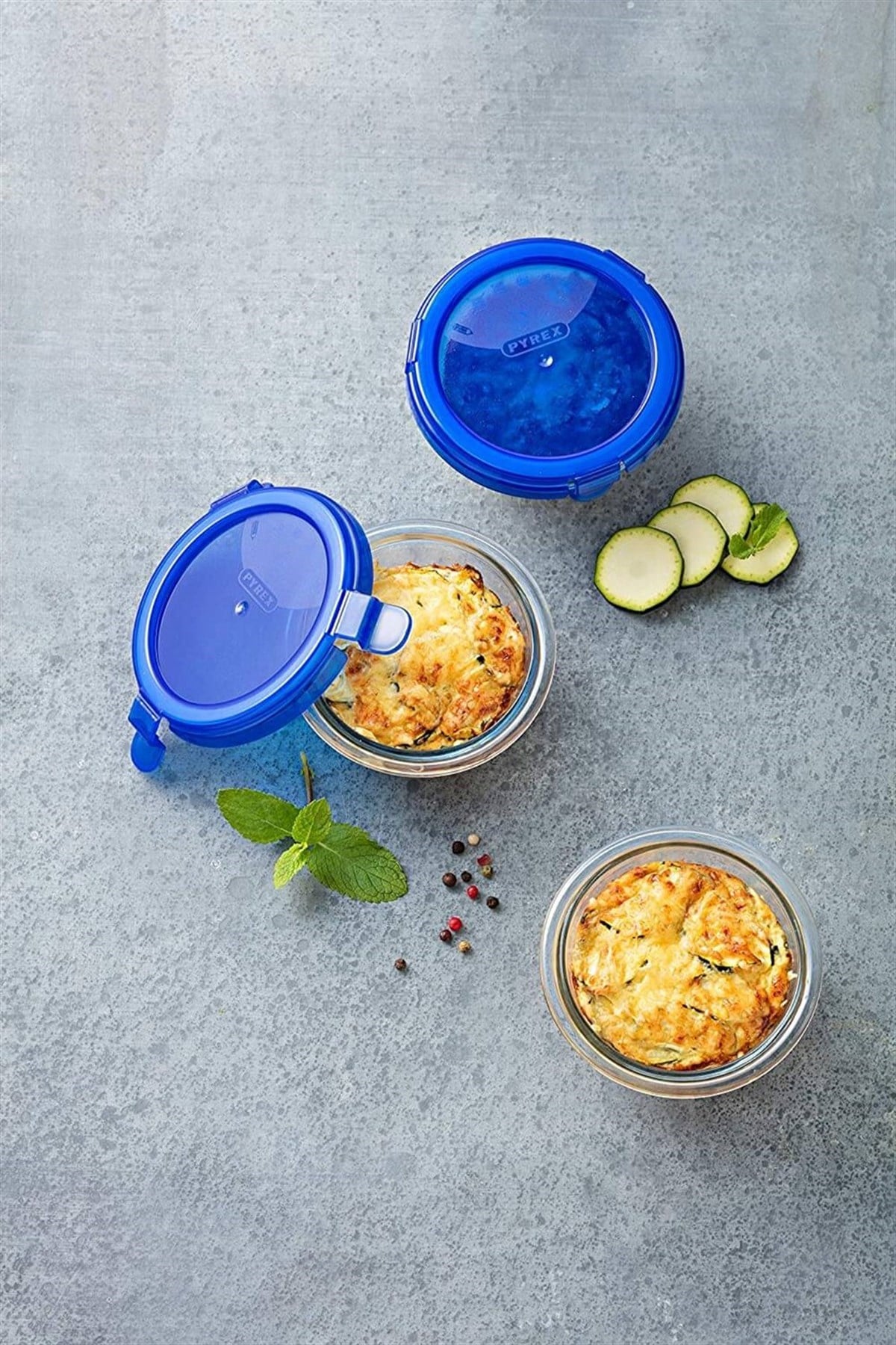 Pyrex Yuvarlak Kapaklı Cam Saklama Kasesi  200 ml Mavi