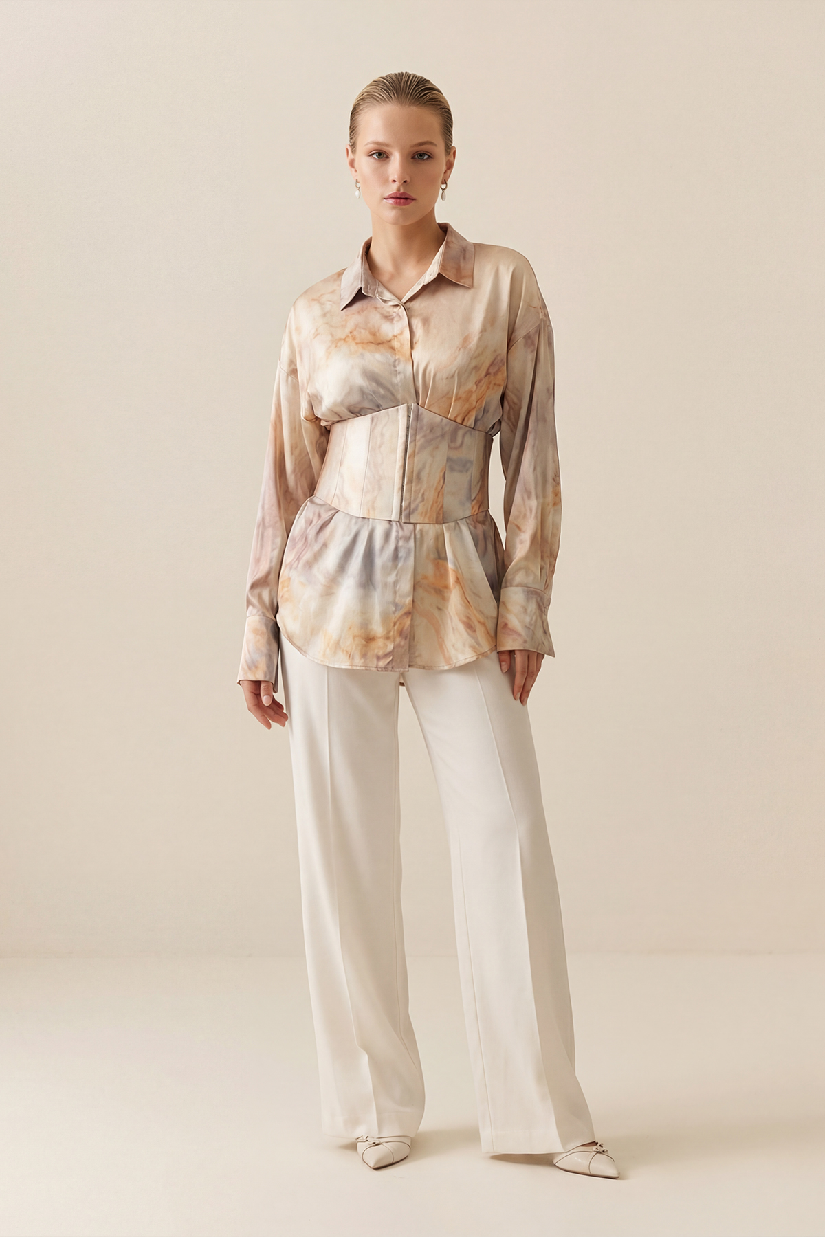 Bej-Lila Korse Detaylı Uzun Kollu Desenli Gömlek