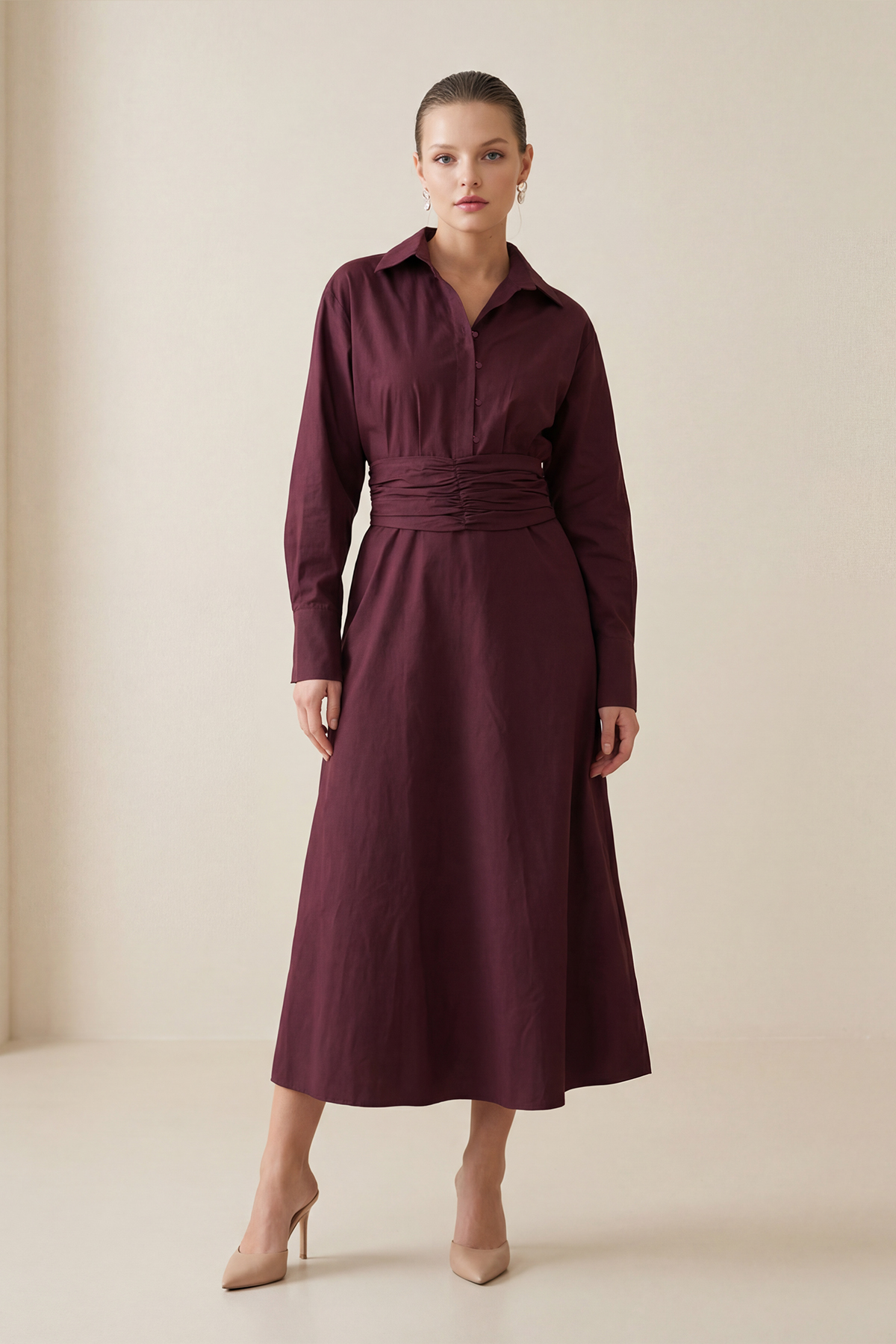 Bordo Gömlek Yaka Belden Kemer Detaylı Rahat Kesim Midi Boy Elbise