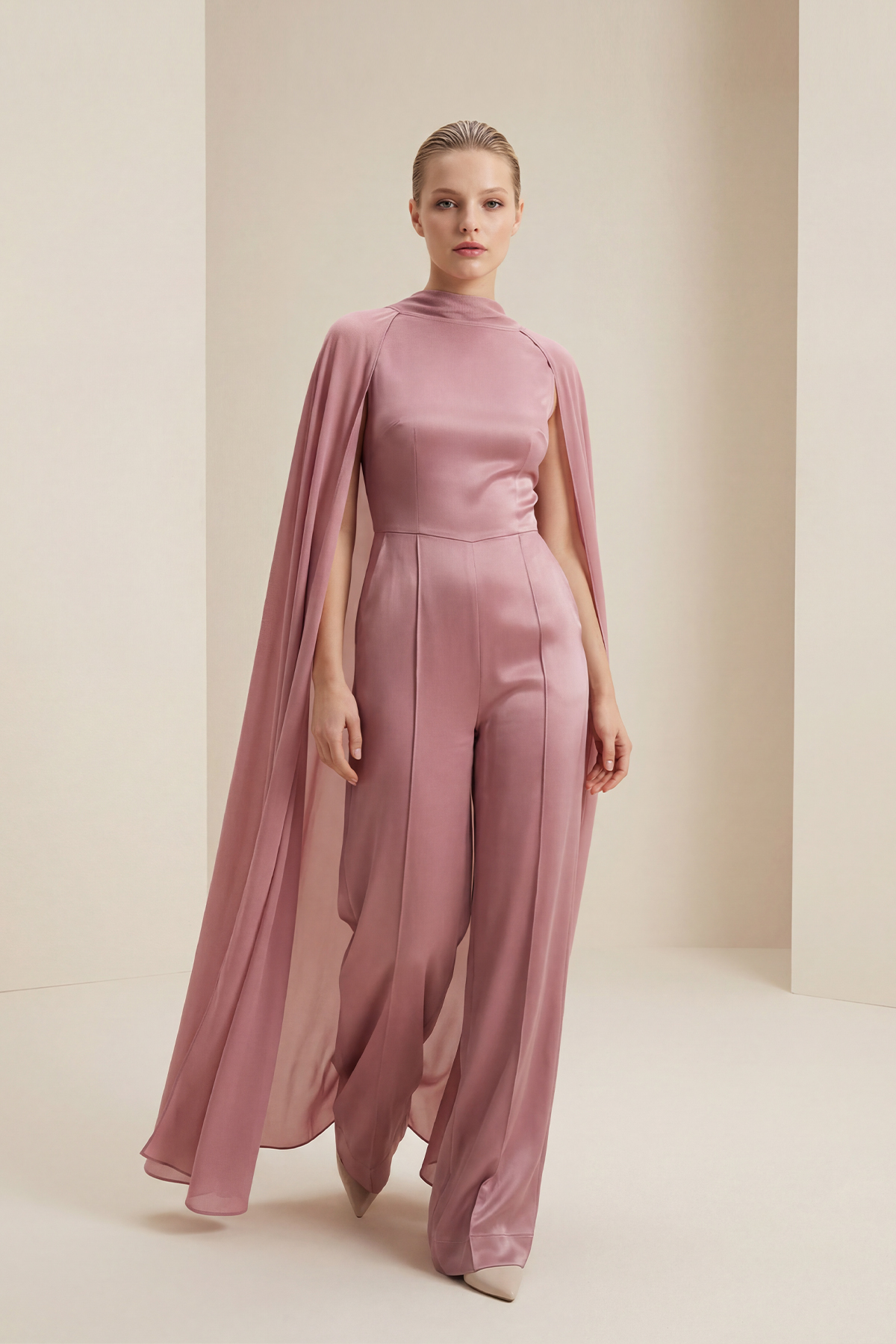 Gül Kurusu Kolsuz Pelerin Detaylı Belden Oturtmalı Dikiş Detaylı Tulum