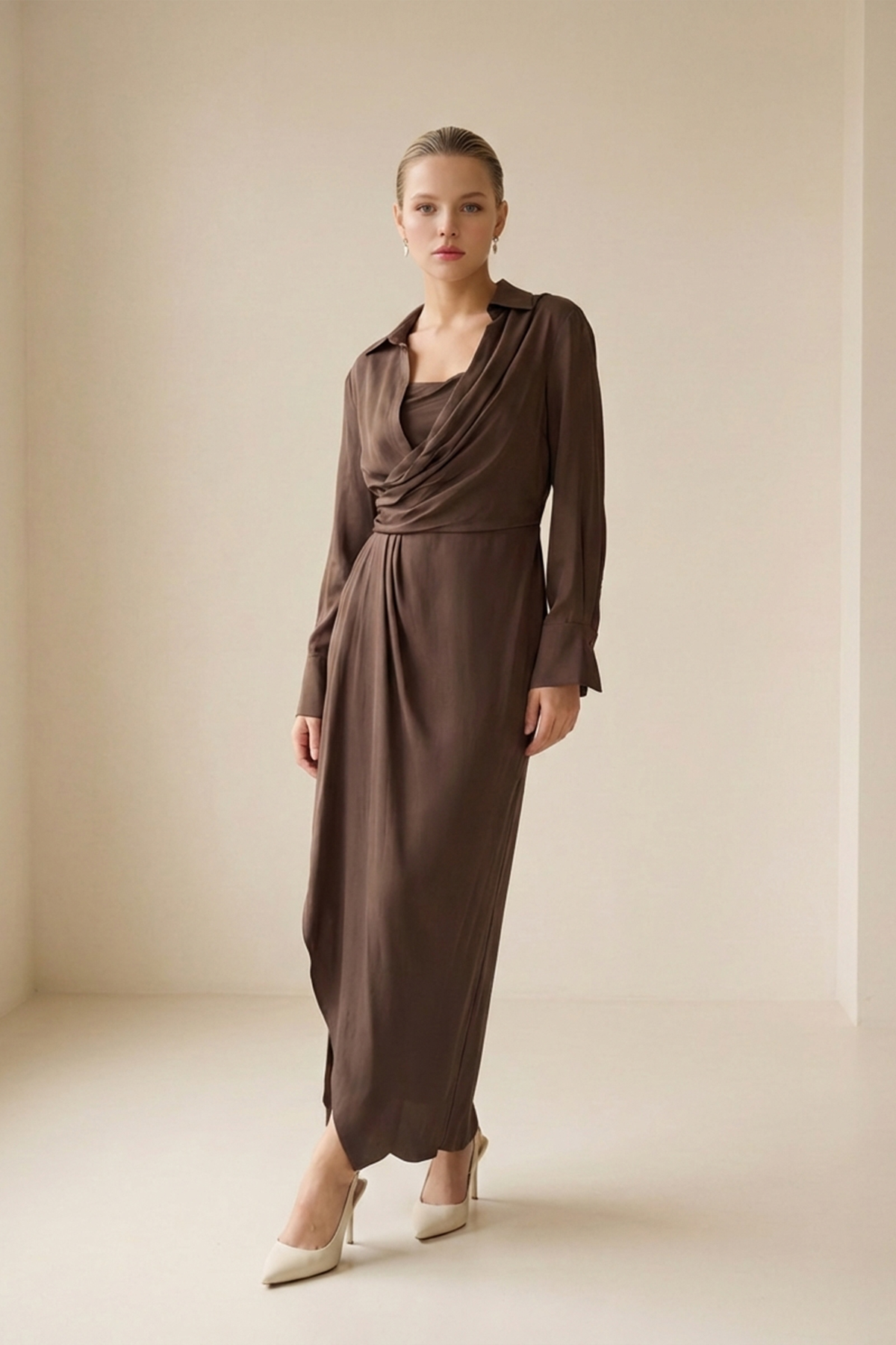 Sütlü Kahve Gömlek Yaka Kruvaze Kapama Uzun Kollu Midi Boy Elbise