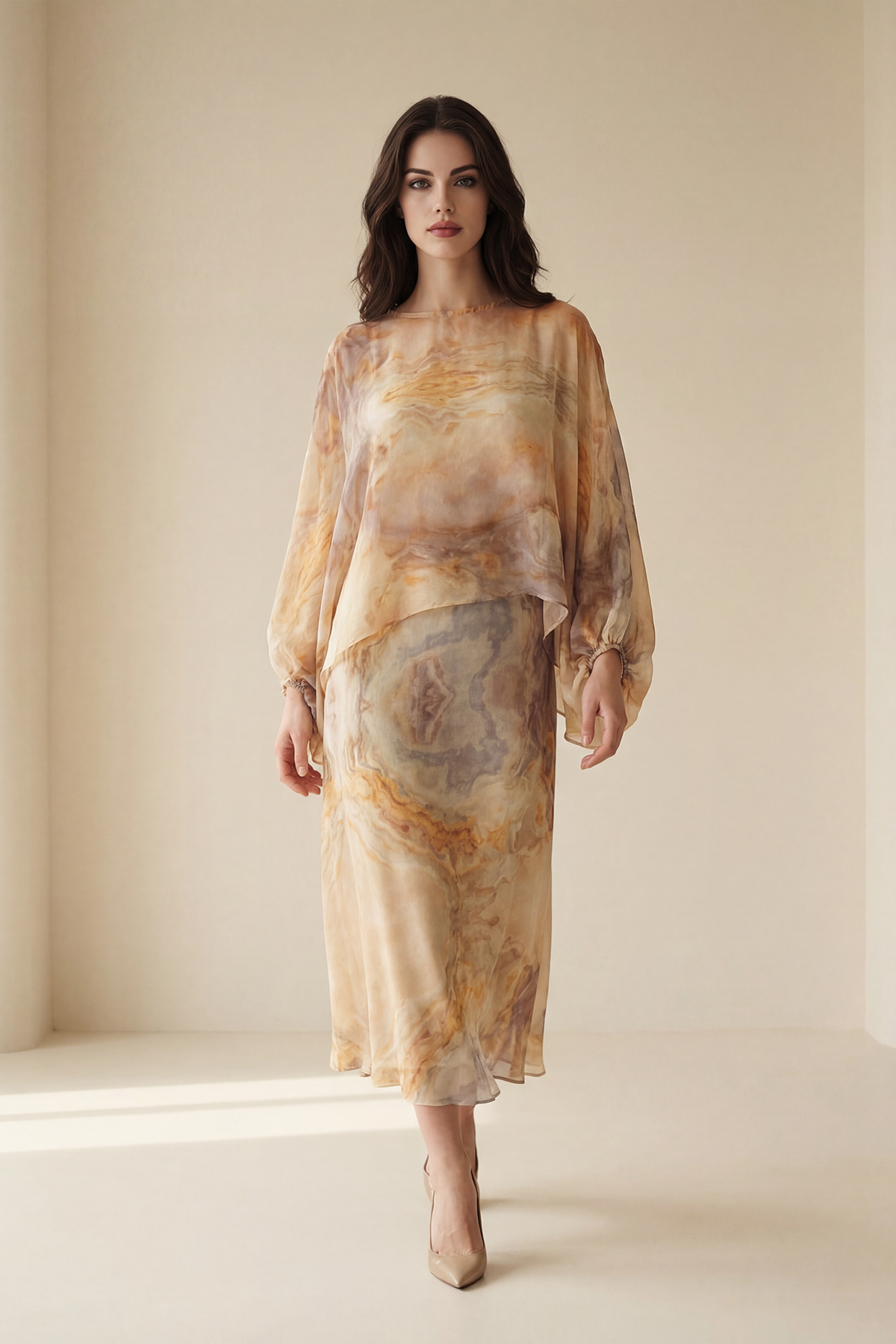 Bej-Lila Transparan Kol Ve Yaka Detaylı Desenli Rahat Kesim Bluz