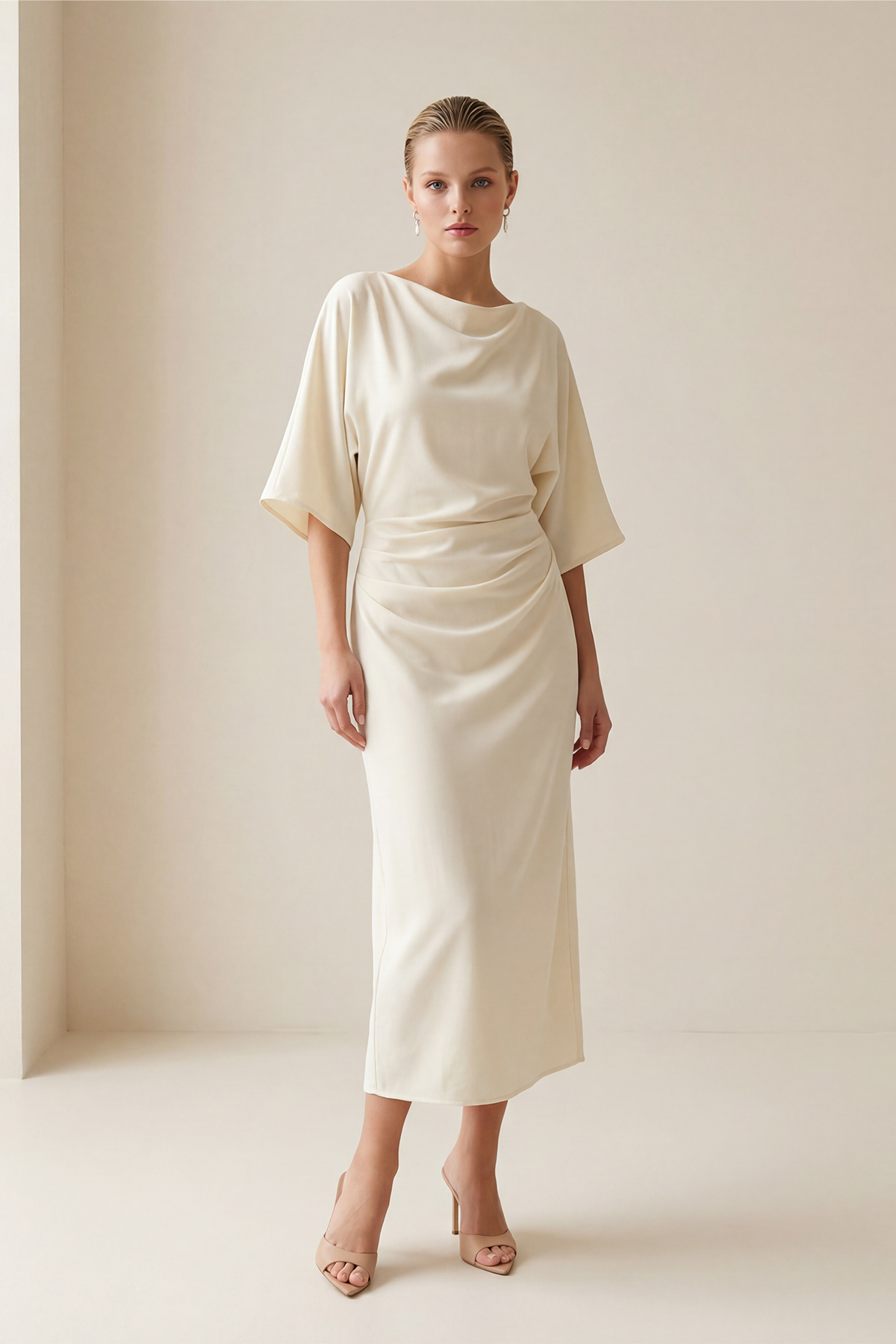 Krem Kol Ve Yaka Detaylı Tam Kalıp Midi Boy Elbise