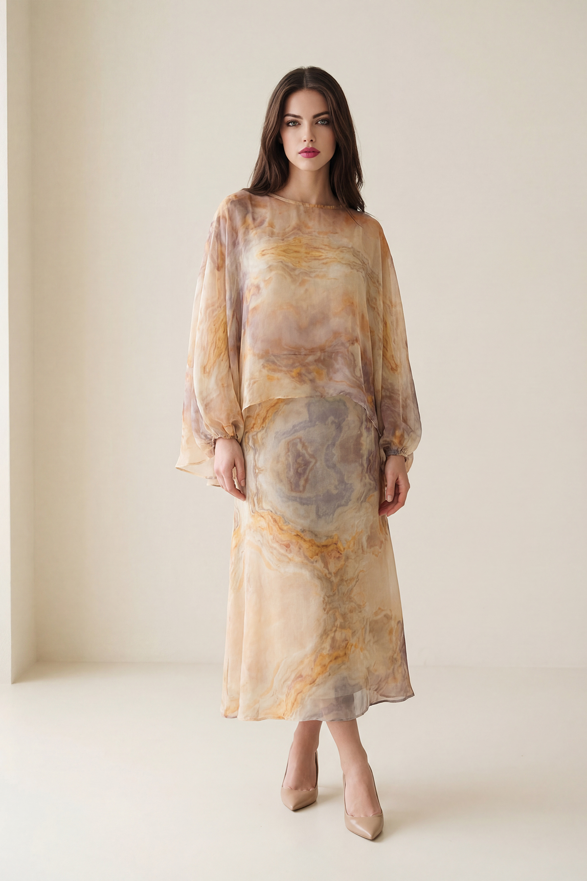 Bej-Lila Desenli Tam Kalıp Etek