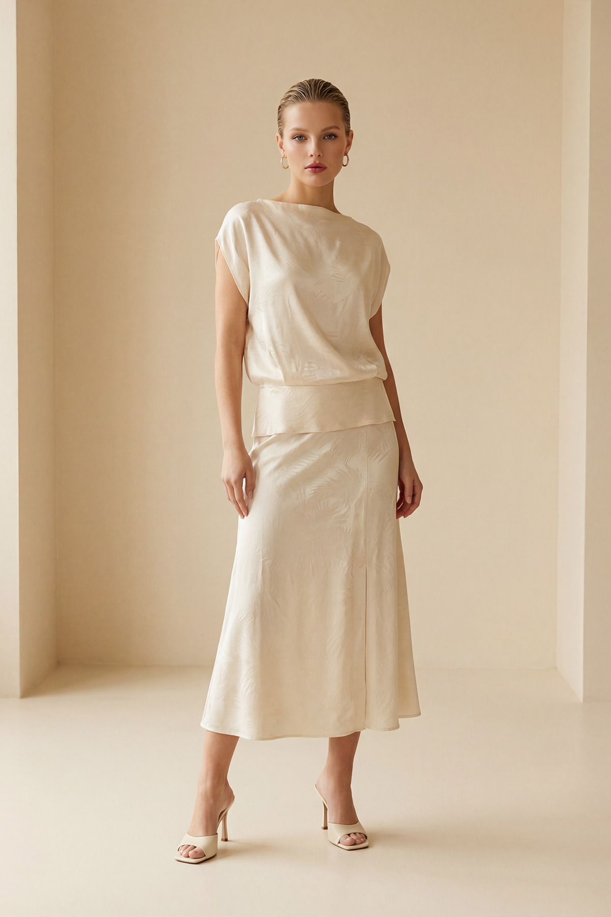 Vanilya Desenli Dökümlü Rahat Kesim Bluz