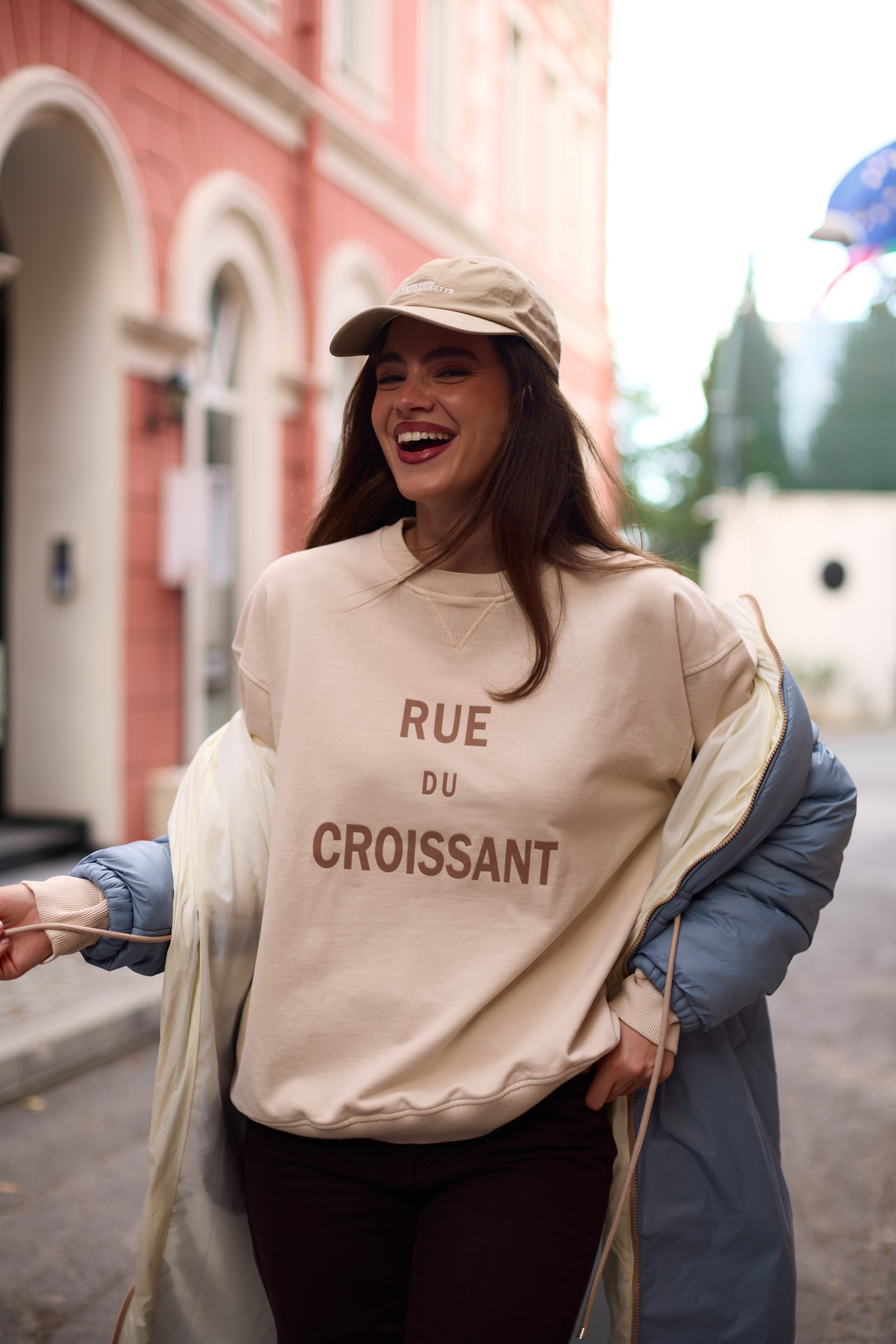 Krem Amia&Co Marka %100 Pamuk Gri Bisiklet Yaka Baskılı Oversize Kadın Sweatshirt
