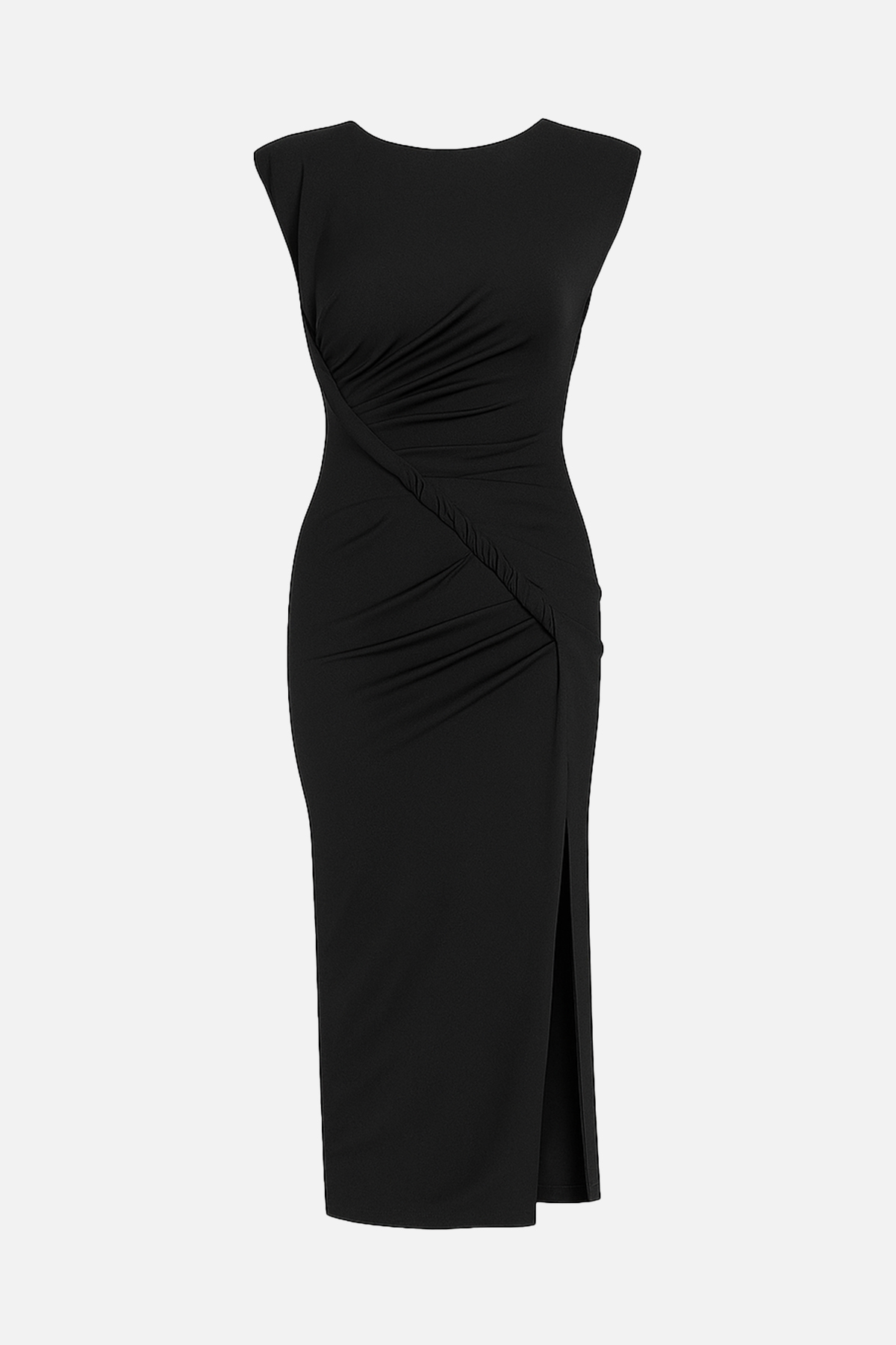 Siyah Büzgü Ve Yırtmaç Detaylı, Midi Boy Elbise