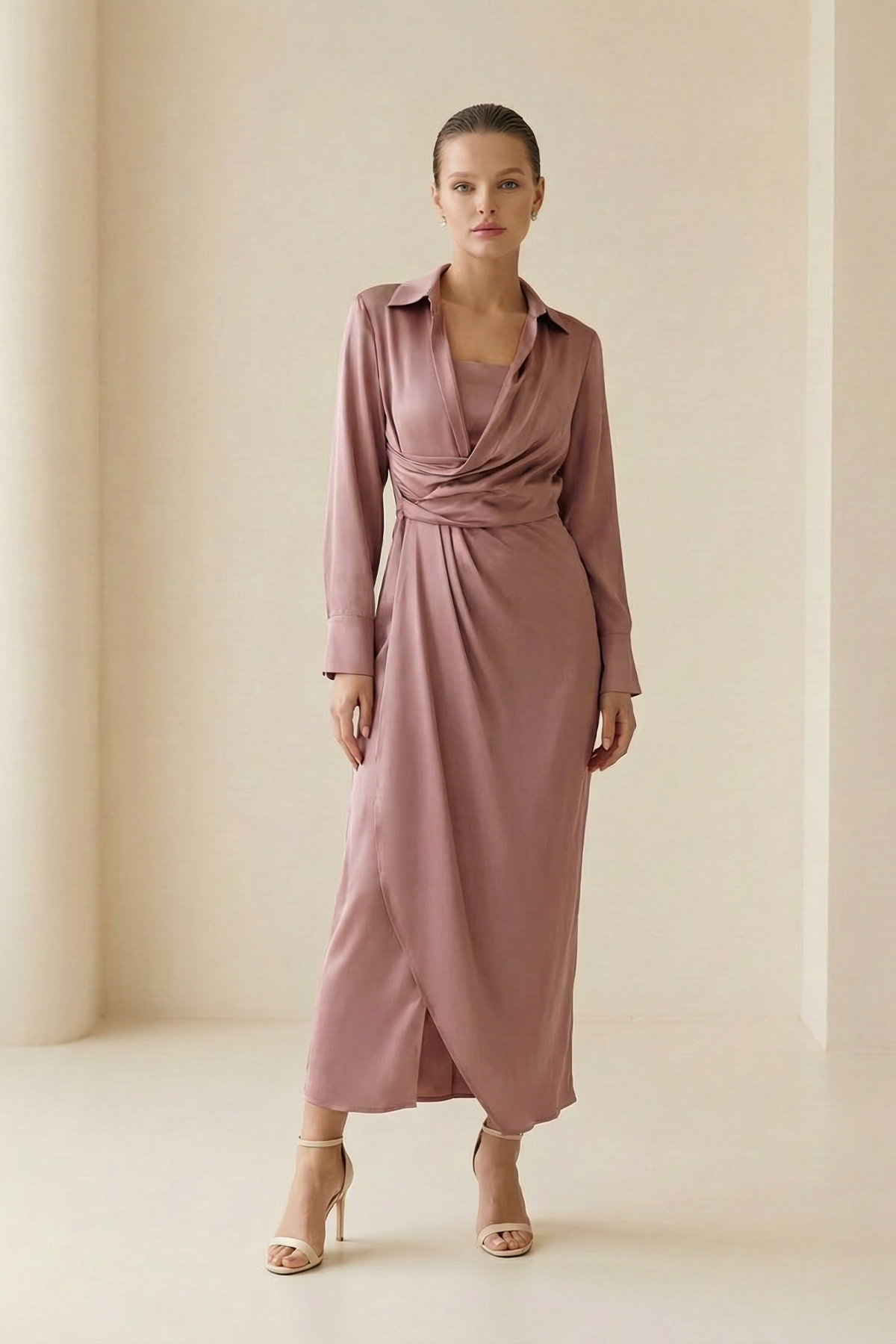 Gül Kurusu Gömlek Yaka Kruvaze Kapama Uzun Kollu Midi Boy Elbise