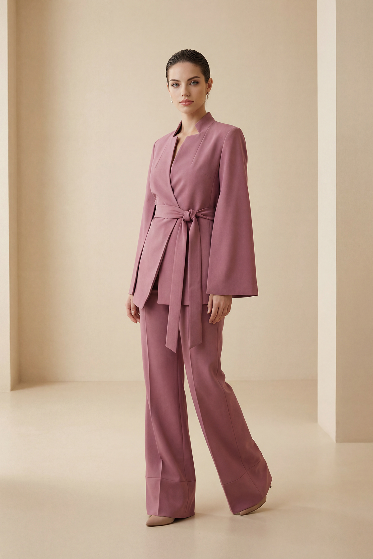 Gül Kurusu Kol Ve Belden Bağlama Detaylı Ceket Tam Kalıp Pantolonlu Takım
