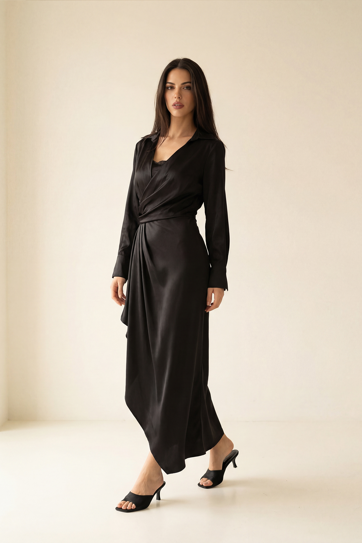 Siyah Gömlek Yaka Kruvaze Kapama Uzun Kollu Midi Boy Elbise