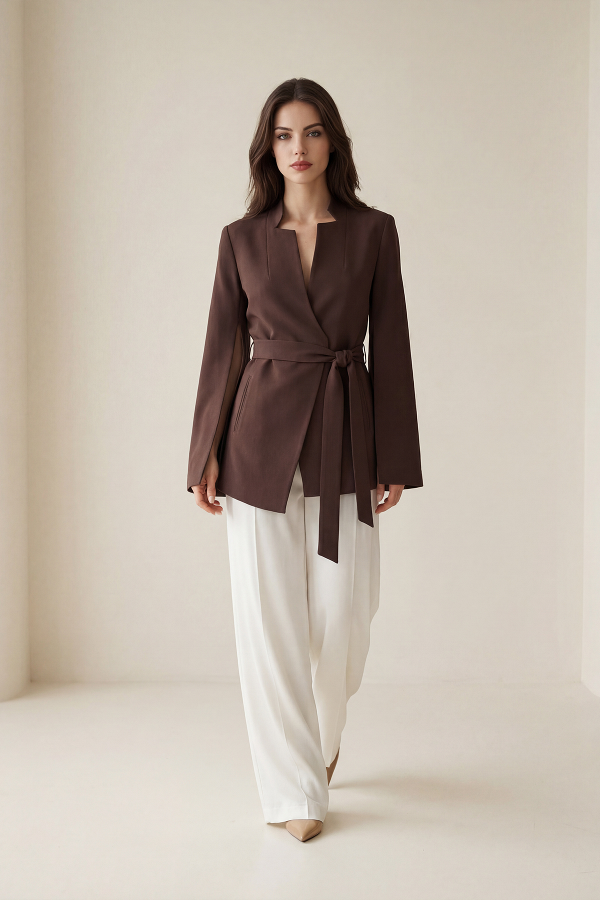 Sütlü Kahve Dar Kalıp Kol Detaylı Belde Bağlama Detaylı Ceket