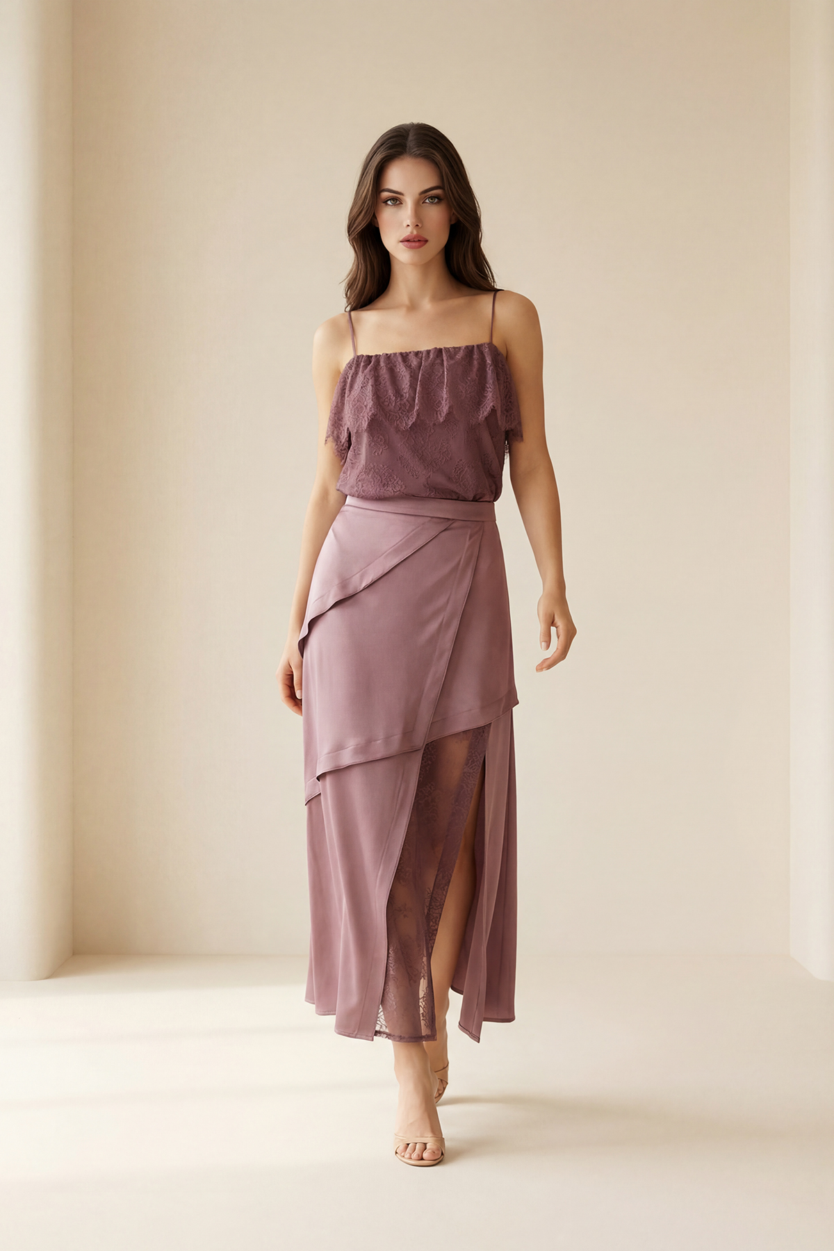 Gül Kurusu Asimetrik Kesim Dantel Detaylı Etek