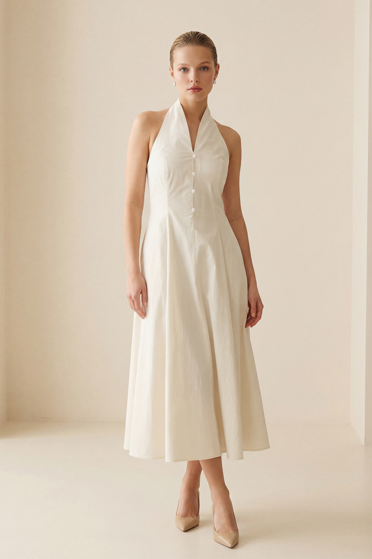 Krem Asimetrik Yaka Detaylı Belden Oturtmalı Rahat Kesim Midi Elbise
