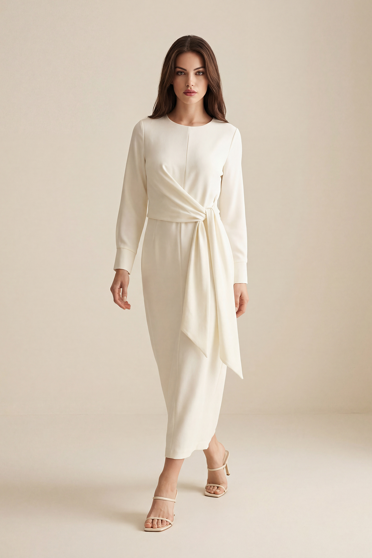 Krem Belden Bağlama Detaylı Uzun Kollu Midi Boy Elbise