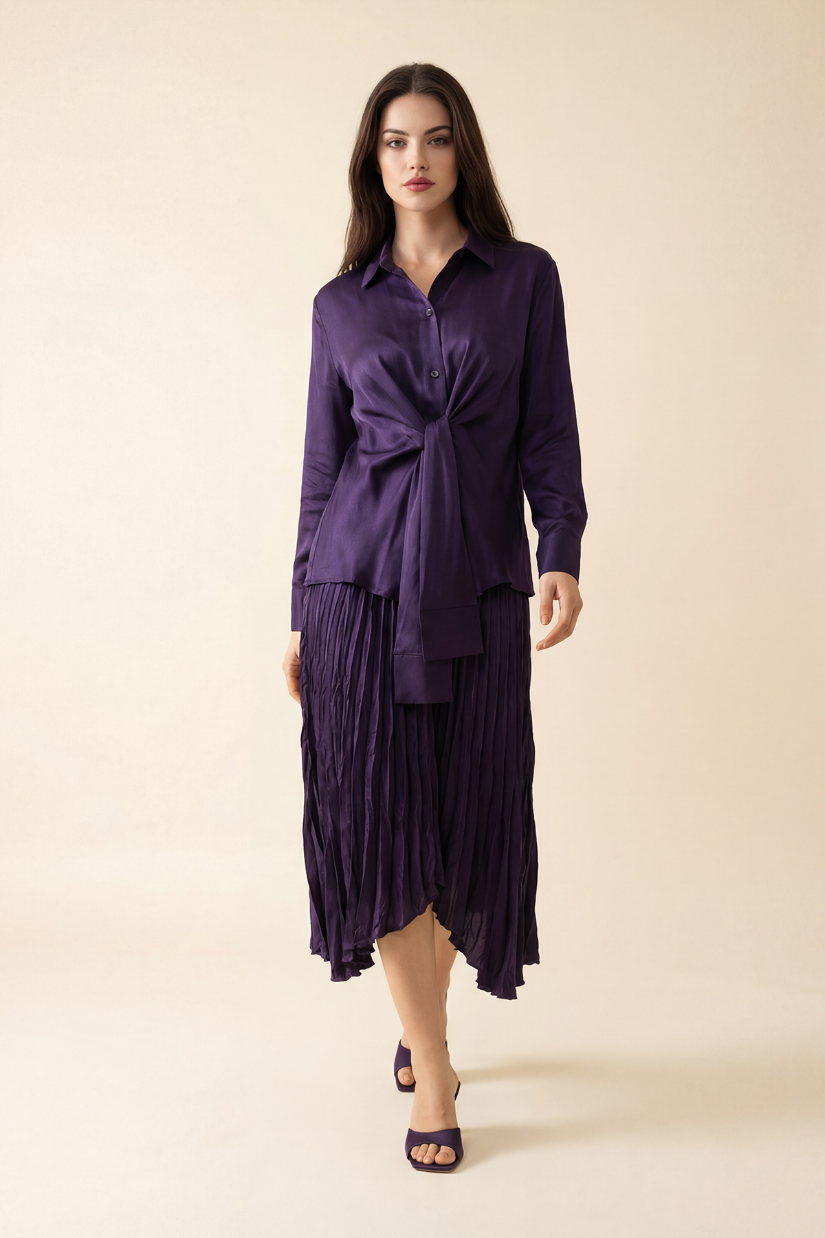 Mor Bağlama Detaylı Uzun Kollu Gömlek