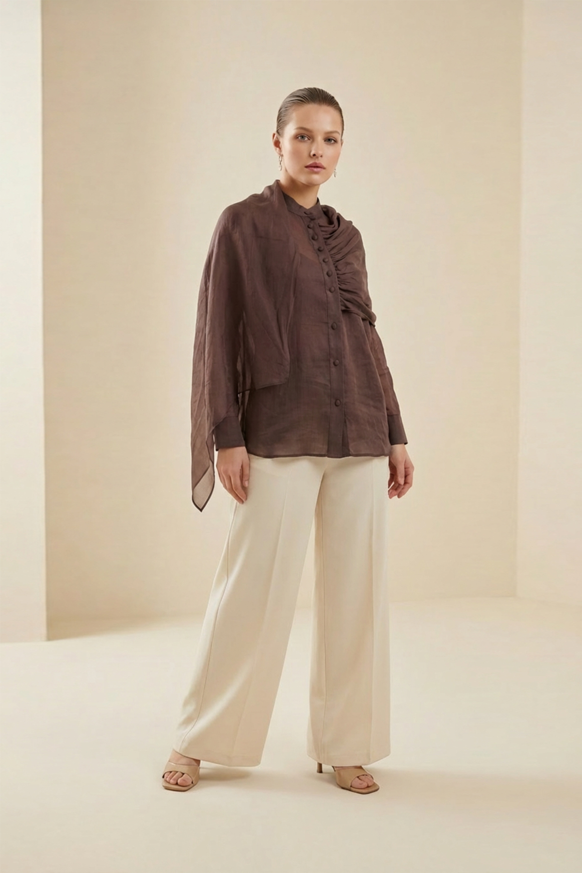 Kahve Drape Detaylı Kumaş Detaylı Uzun Kollu Rahat Kesim Gömlek