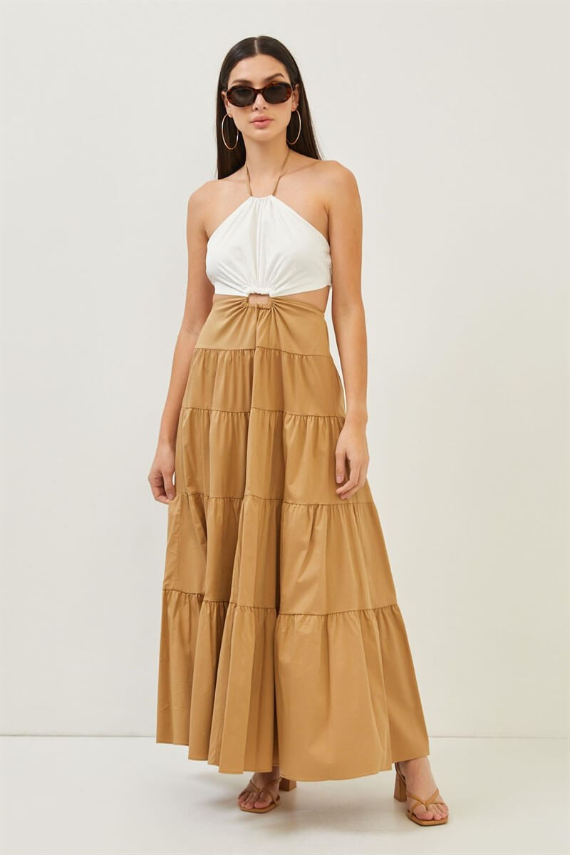Camel-Yeşil Çift Renkli Cut Out Detaylı Katlı Maxi Boy Elbise