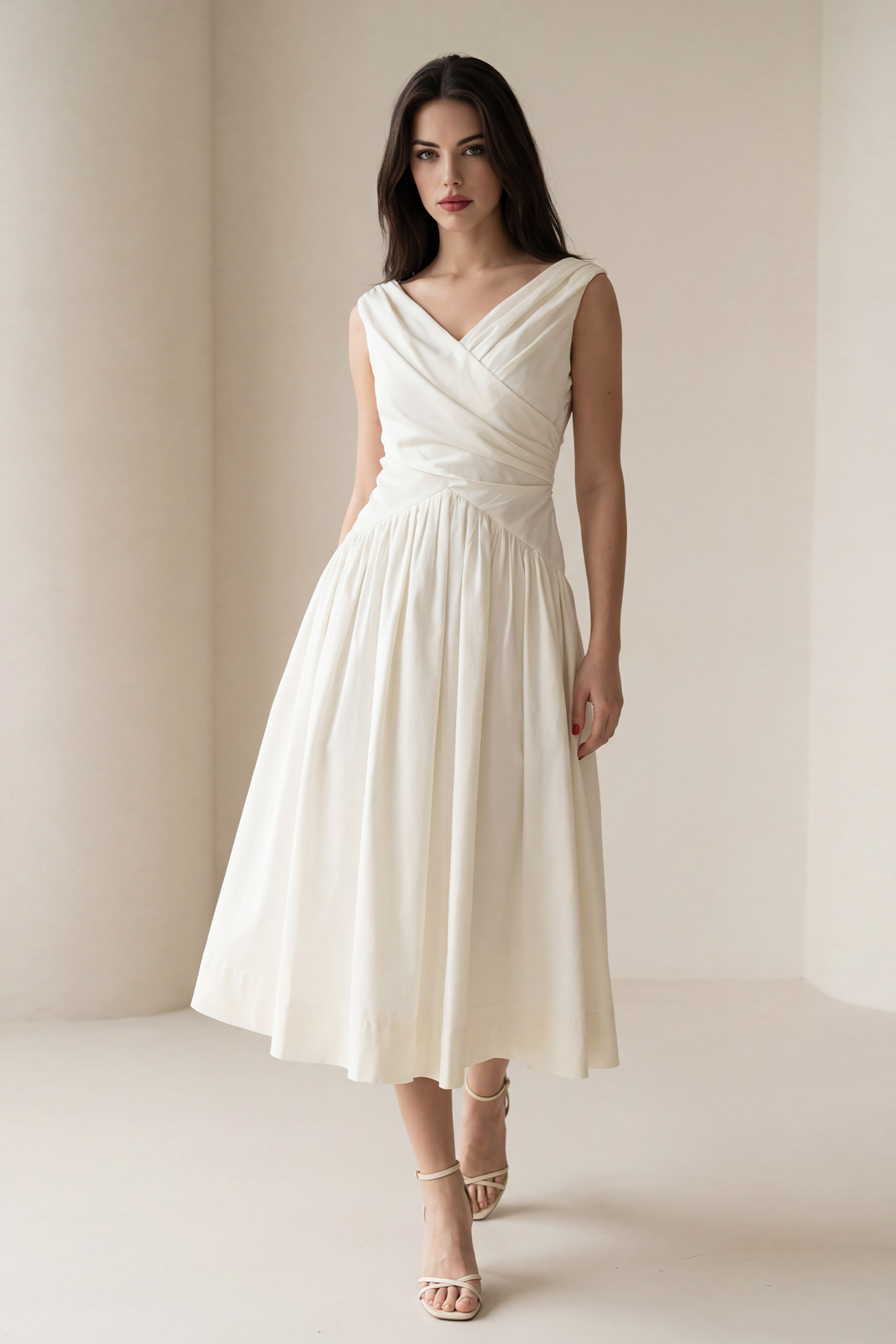 Krem Kol, Bel Ve Drape Detaylı Rahat Kesim Midi Elbise