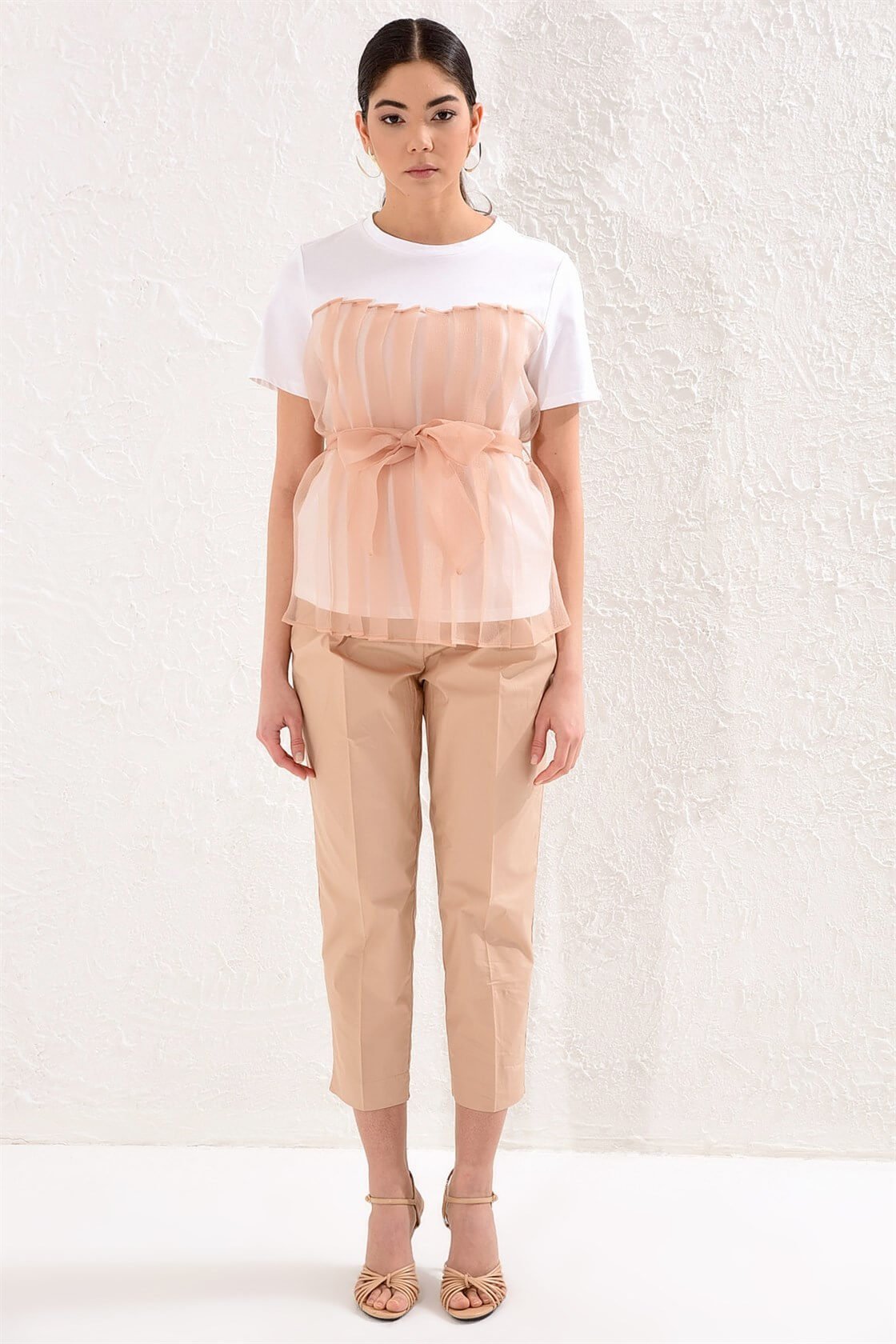 Ecru-Camel Crew Neck Short Sleeve Slogan Printed Tulle T-Shirt