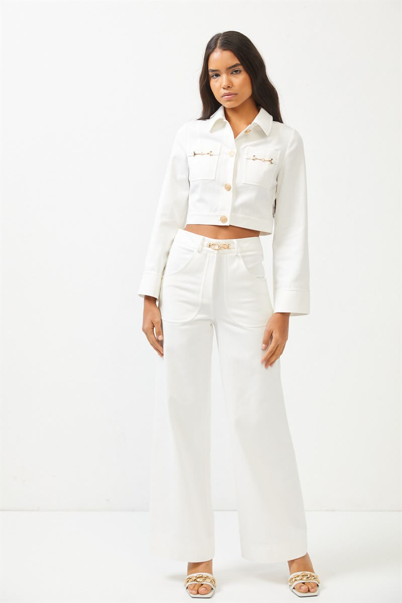 Ekru Gold Aksesuar Detaylı Yüksek Bel Wide Leg JeanST070S20697001