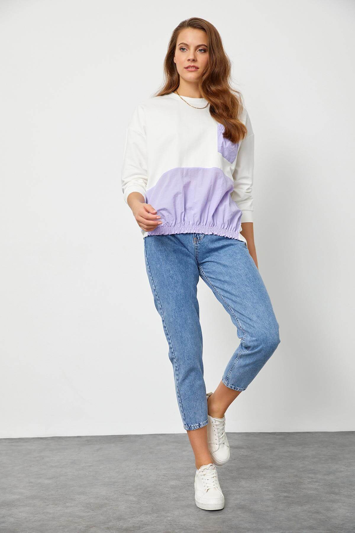 Ekru-Lila Biisklet Yaka Color Block SweatshirtST060S72080001