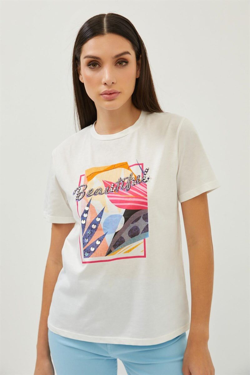 Ekru Slogan Baskı Detaylı Bisiklet Yaka T-ShirtST070S71288001