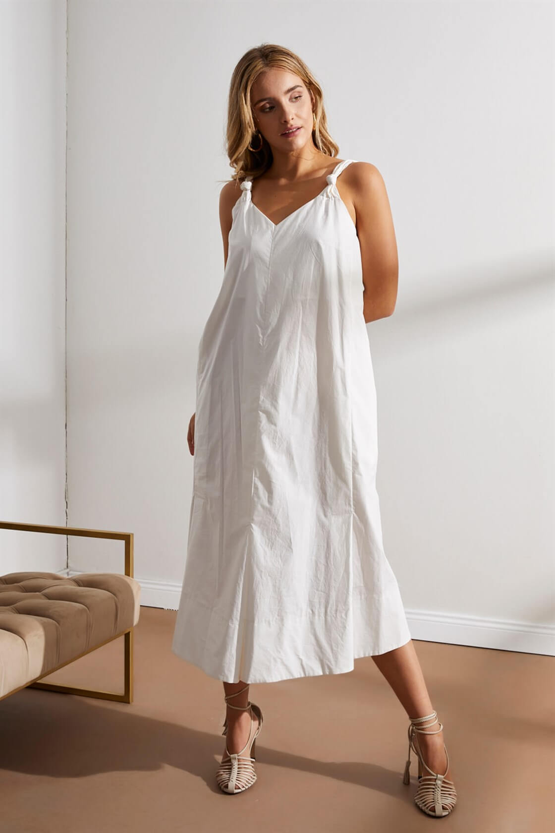 Ecru V Neck Oversize Below Knee Midi Length Cotton Dress