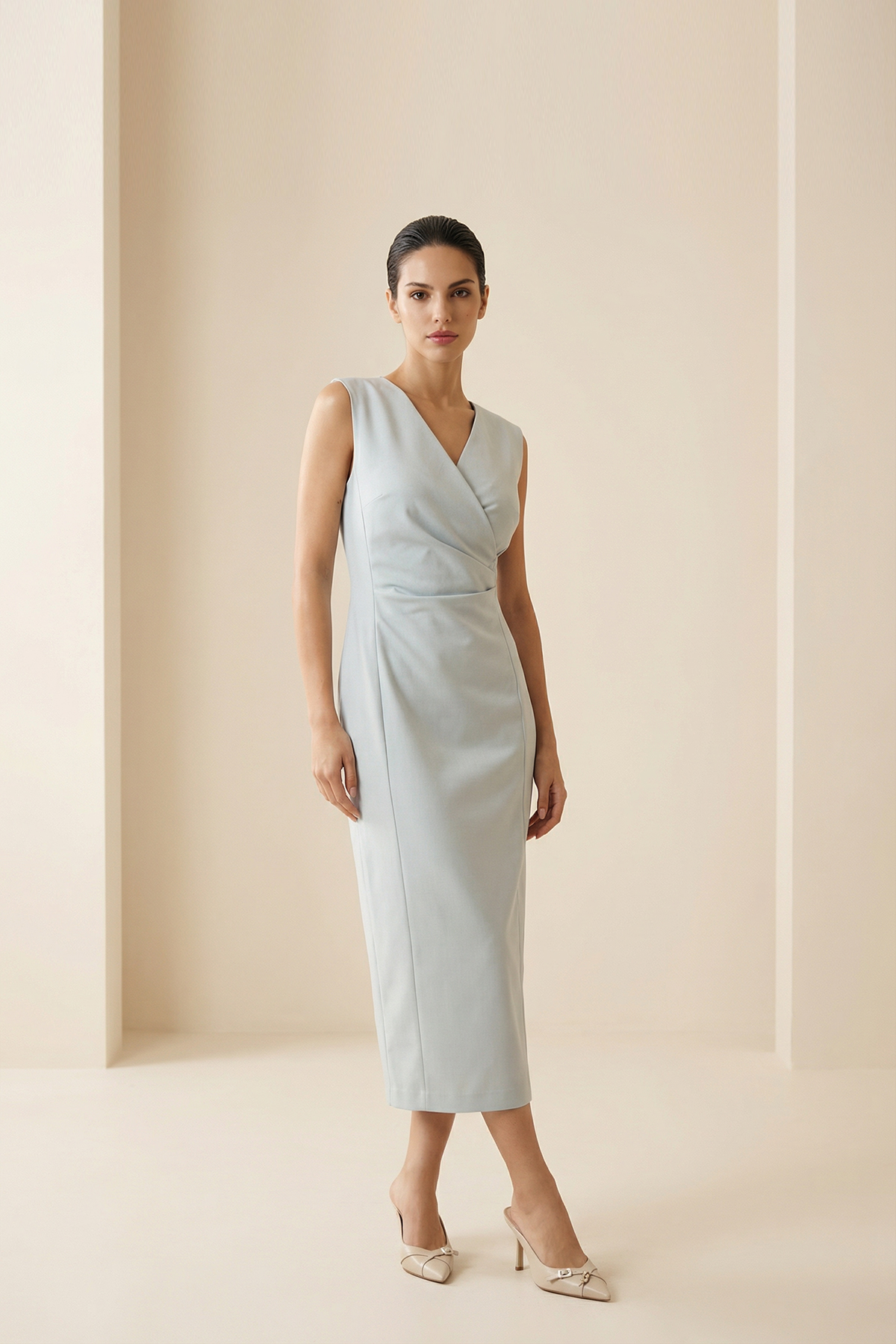 Bebe Mavi Tam Kalıp Kolsuz Kruvaze Yala Dikiş Detaylı Midi Boy Elbise