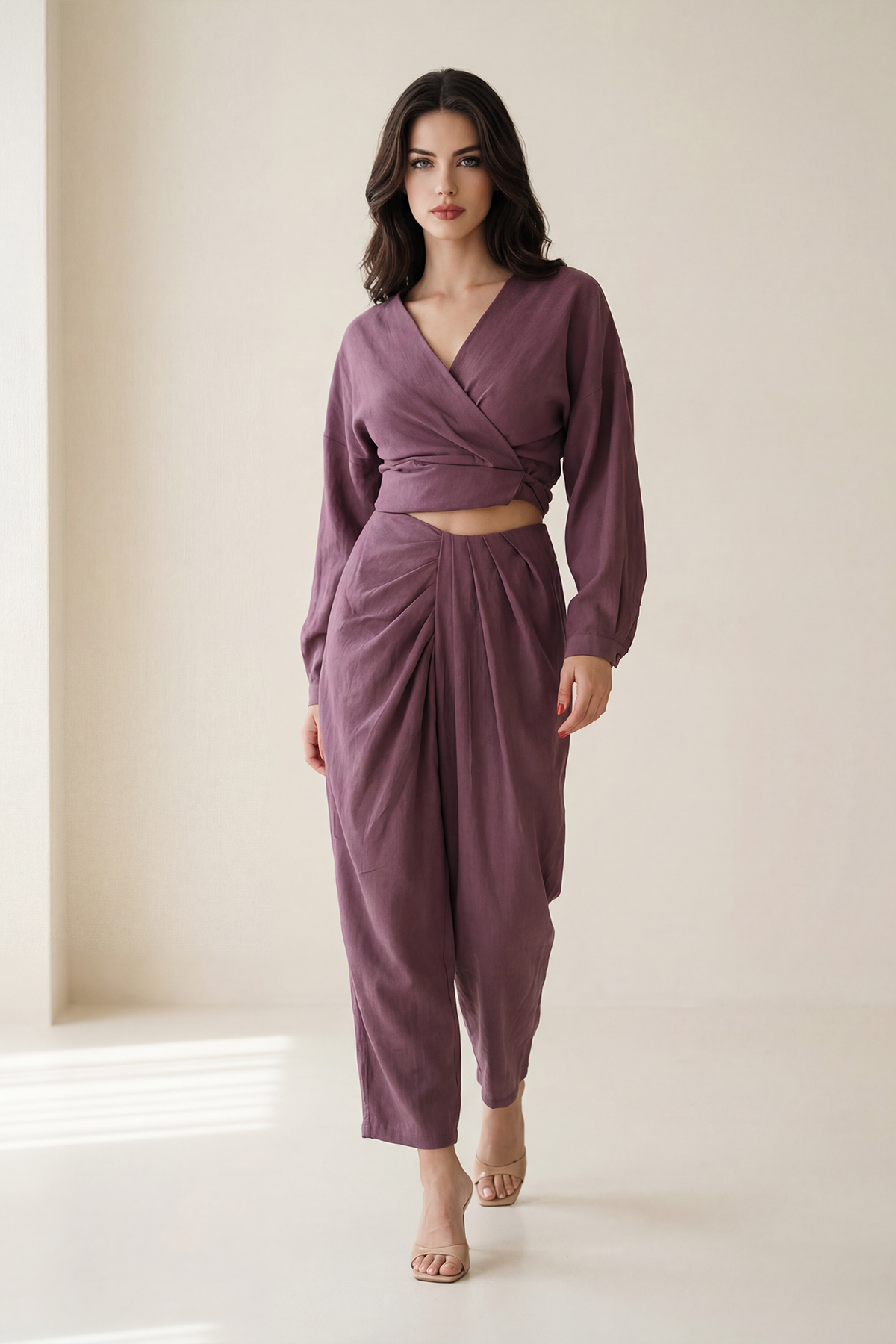 Bordo Drape Detaylı Rahat Kesim Cepli Pantolon