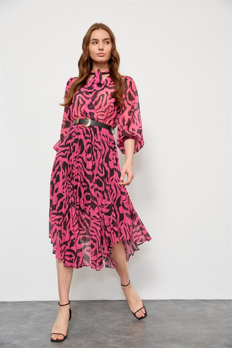 Fuşya Kemerli Piliseli ElbiseST040W40186002