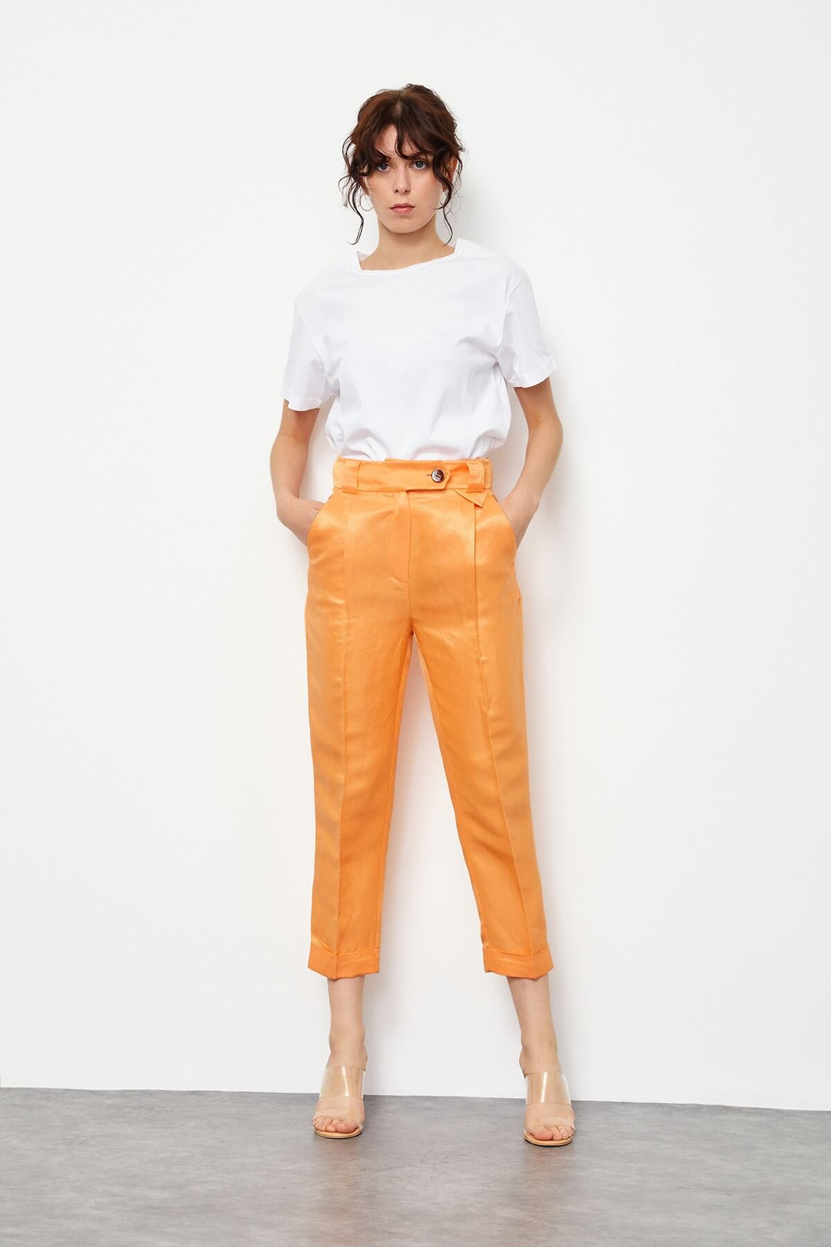 Güneş Turuncusu Keten Rayon Parlak Kumaş PantolonST060S2038101