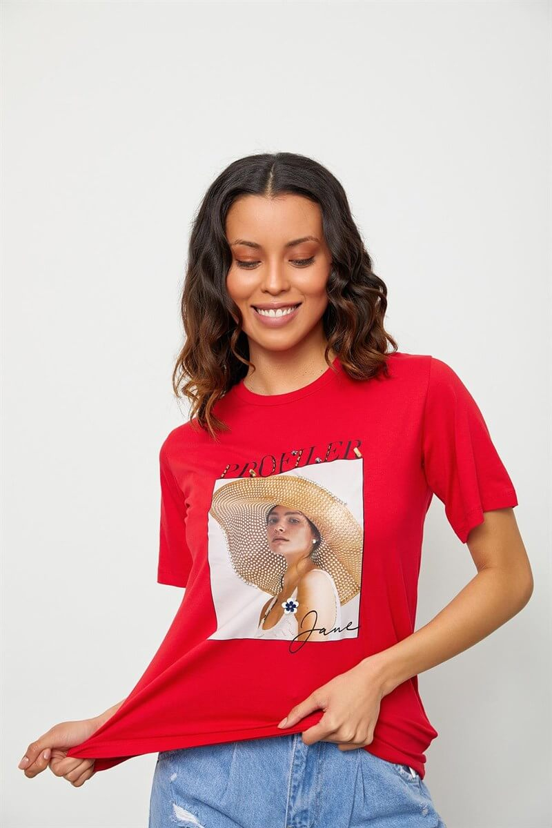 Kırmızı Baskılı Kısa Kol T-ShirtST060S71190016