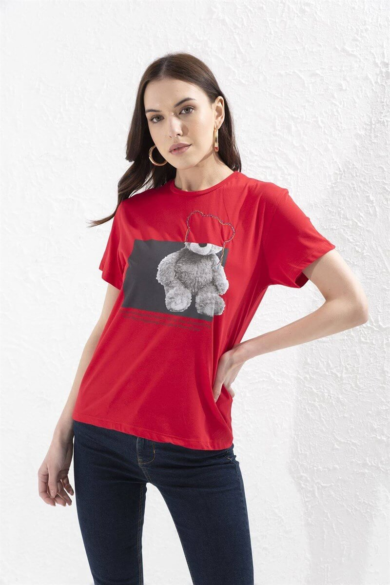 Kırmızı Baskılı Pamuk T-ShirtST050S7114801