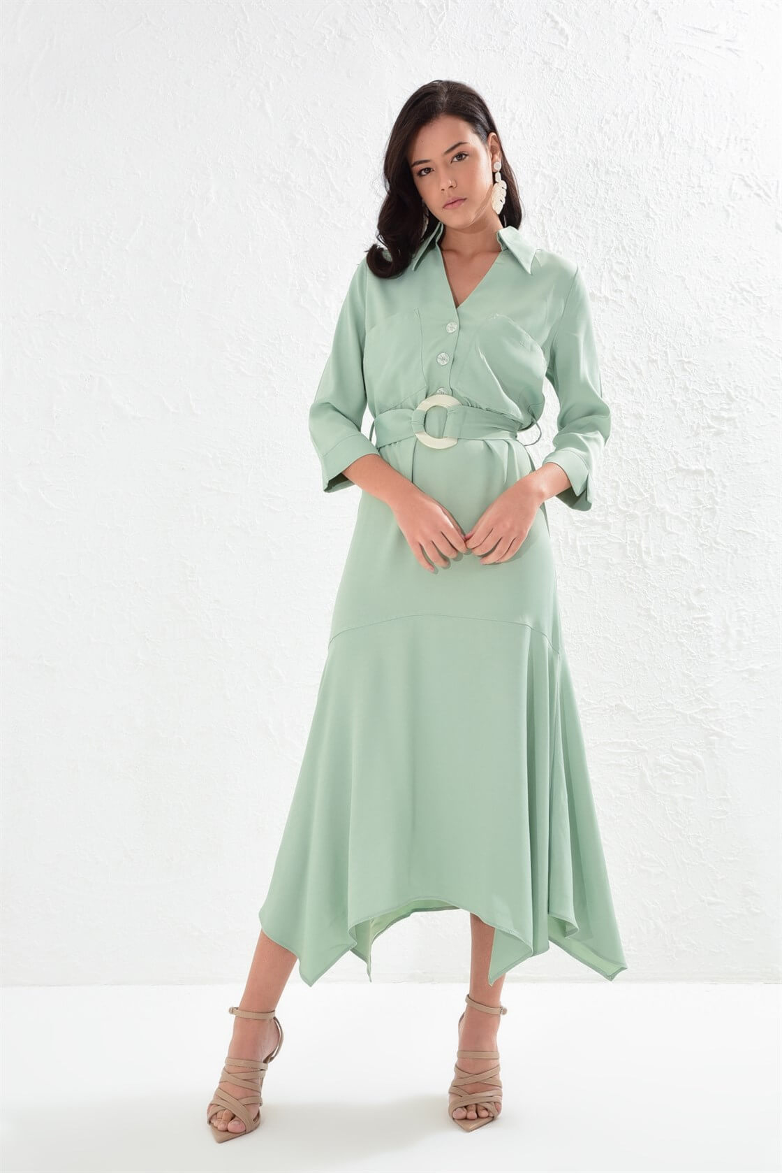 Dark Mint Shoulder Bow Double-breasted Knee-Length Dress
