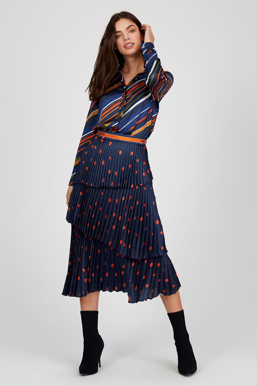 Navy Blue - Oranj Waist Pleated Printed Knee Length Midi Length Flared Skirt