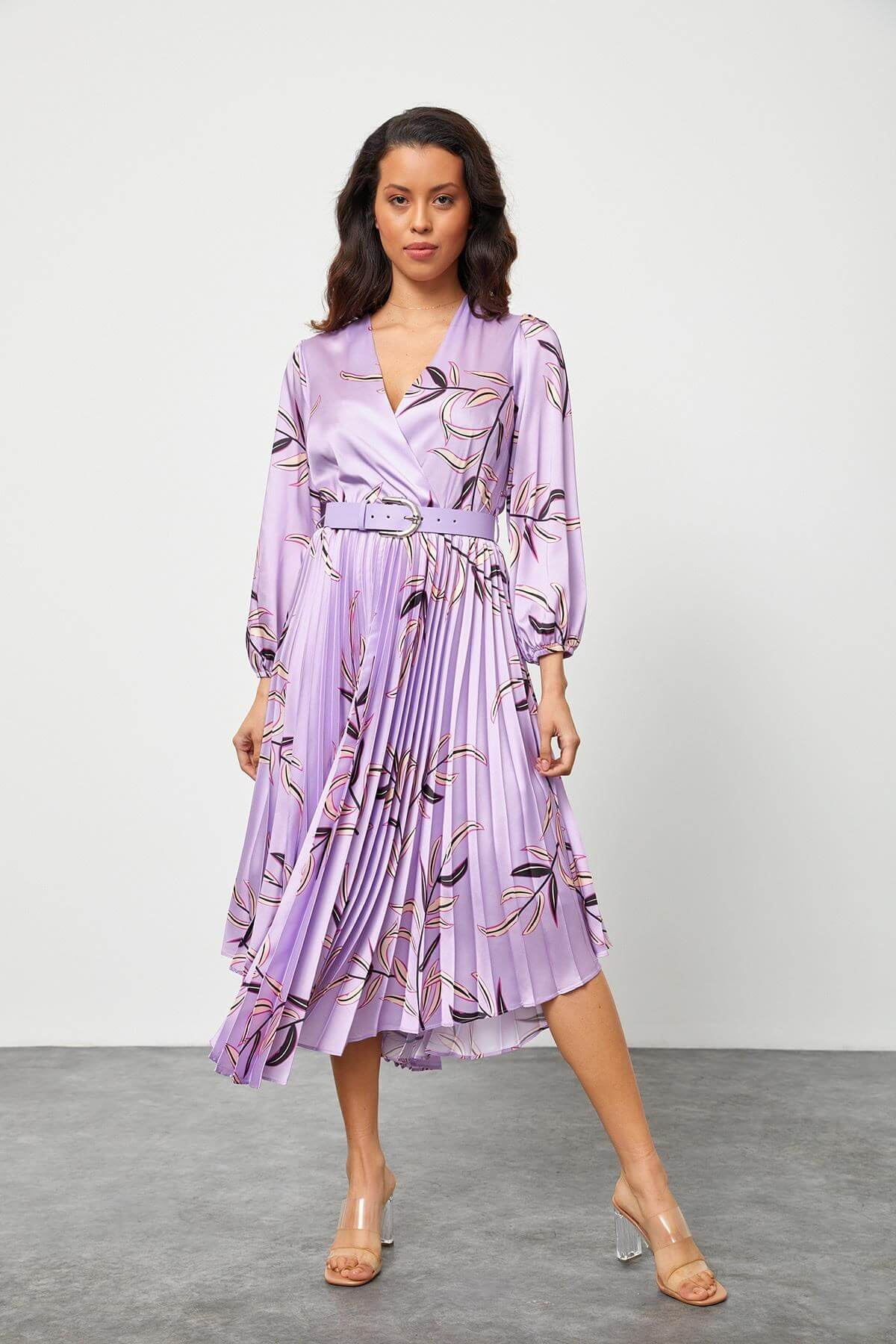 Lila Kemerli Piliseli ElbiseST040S40247005