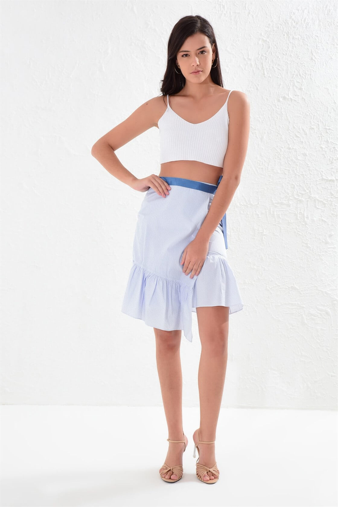 Blue-White Stripe Color Block Cotton Skirt