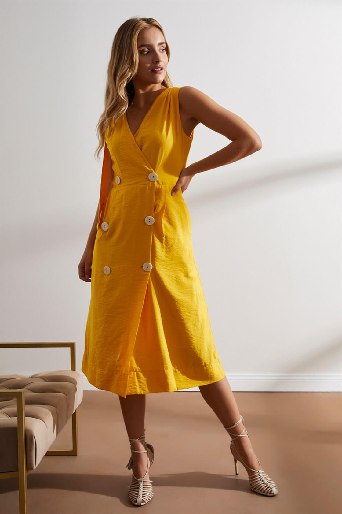 Yellow Hidden Pat Waist Elasticated Trouser Sleeve Sleeve Knee Length Midi Dress