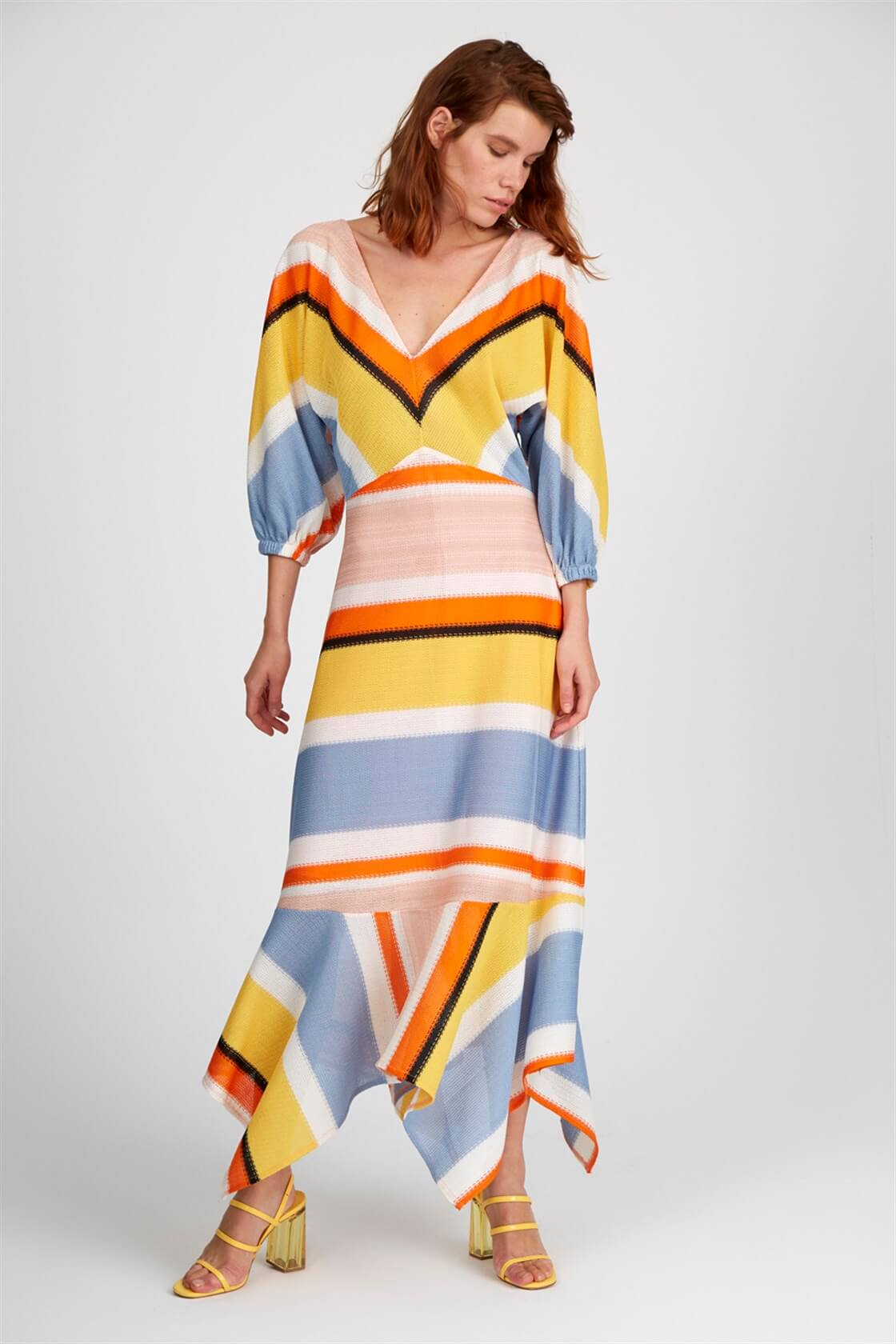 Yellow / Orange Stripe Lined Cuff V Neck Blouse