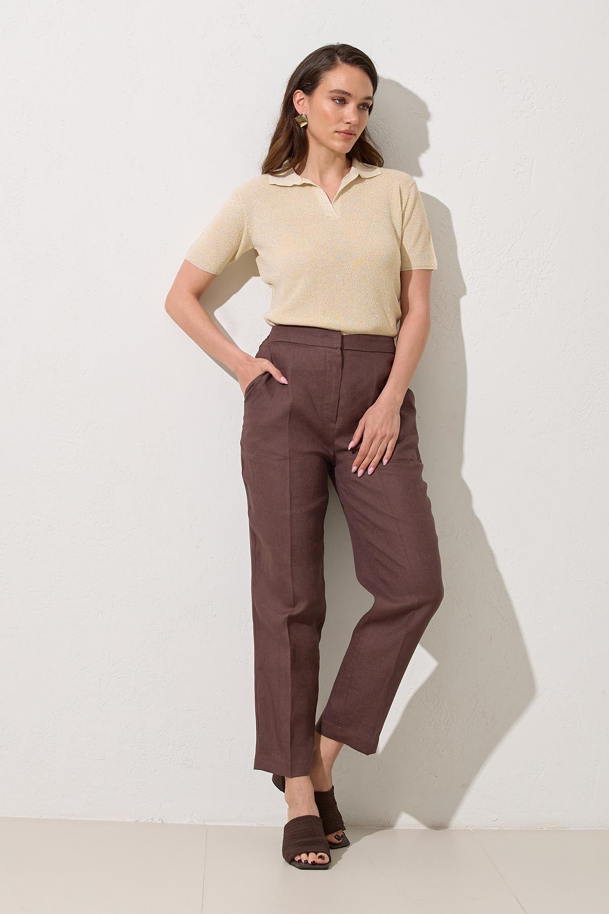 Acı-Kahve %100 Keten Cep Detaylı Tam Kalıp Pantolon