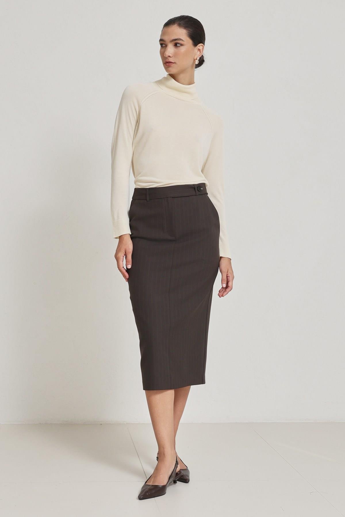 Acı-Kahve Belden Kemer Detaylı Çizgili Midi Boy Etek