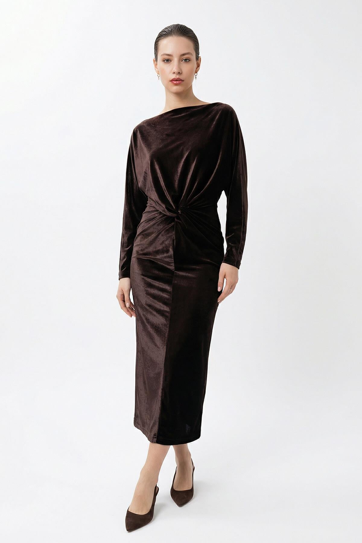 Acı-Kahve Kol Ve Yaka Detaylı Belden Drapeli Midi Boy Elbise Kadın Elbise modelleri