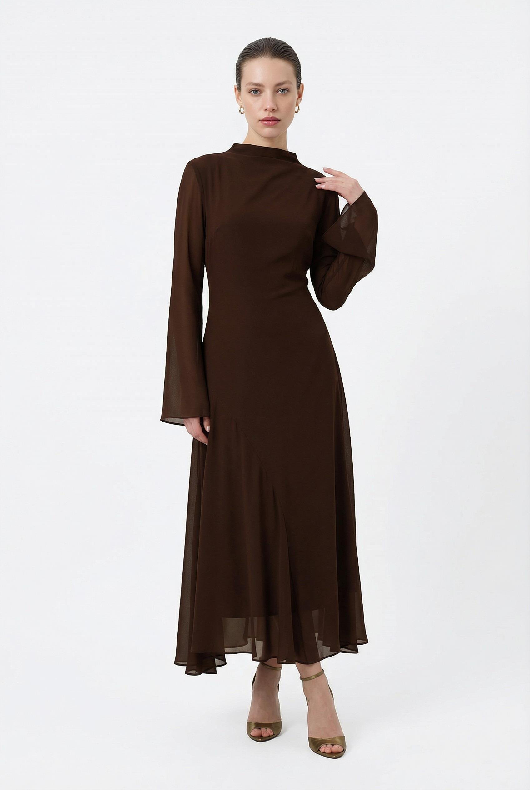 Acı-Kahve Tam Kalıp Rahat Kesim Boyun Ve Etek Detaylı Elbise Kadın Günlük Elbise modelleri