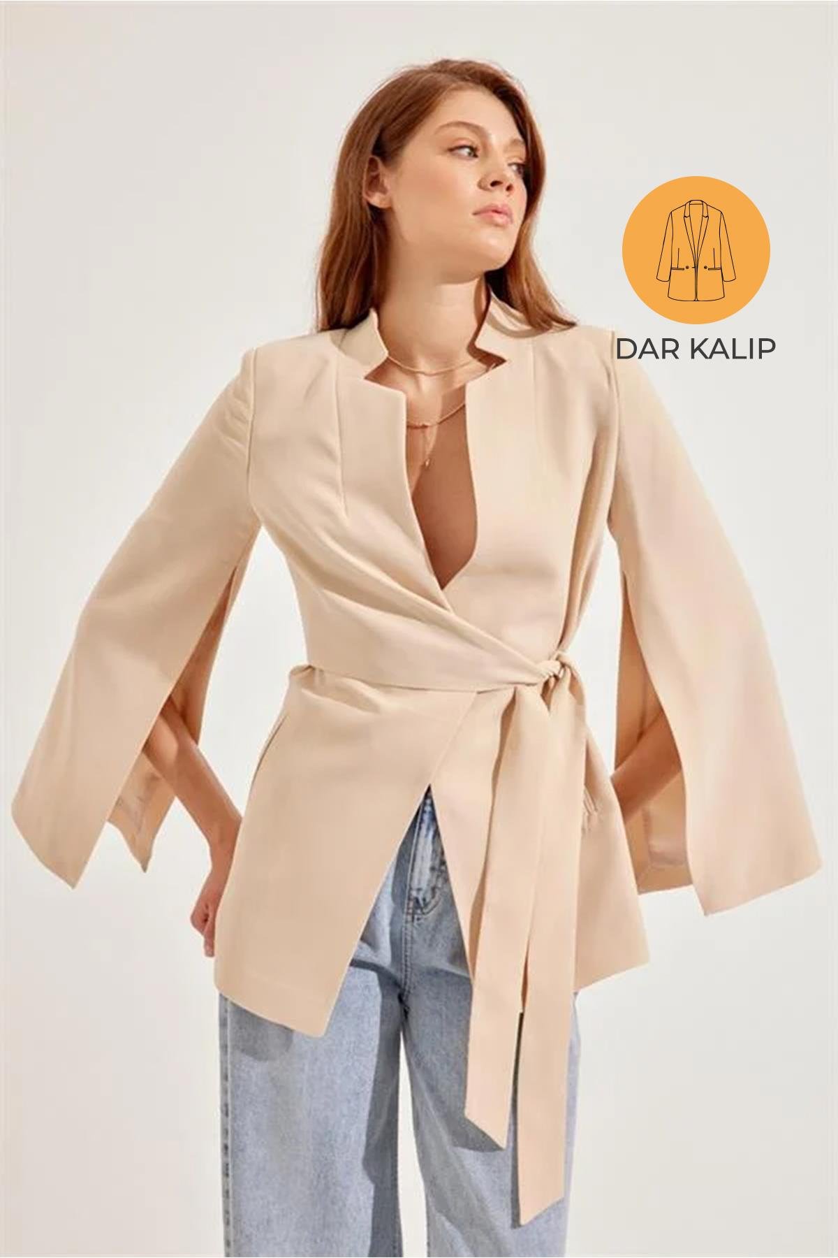 Açık Bej Dar Kalıp Kol Detaylı Belde Bağlama Detaylı Ceket Kadın Ceket modelleri