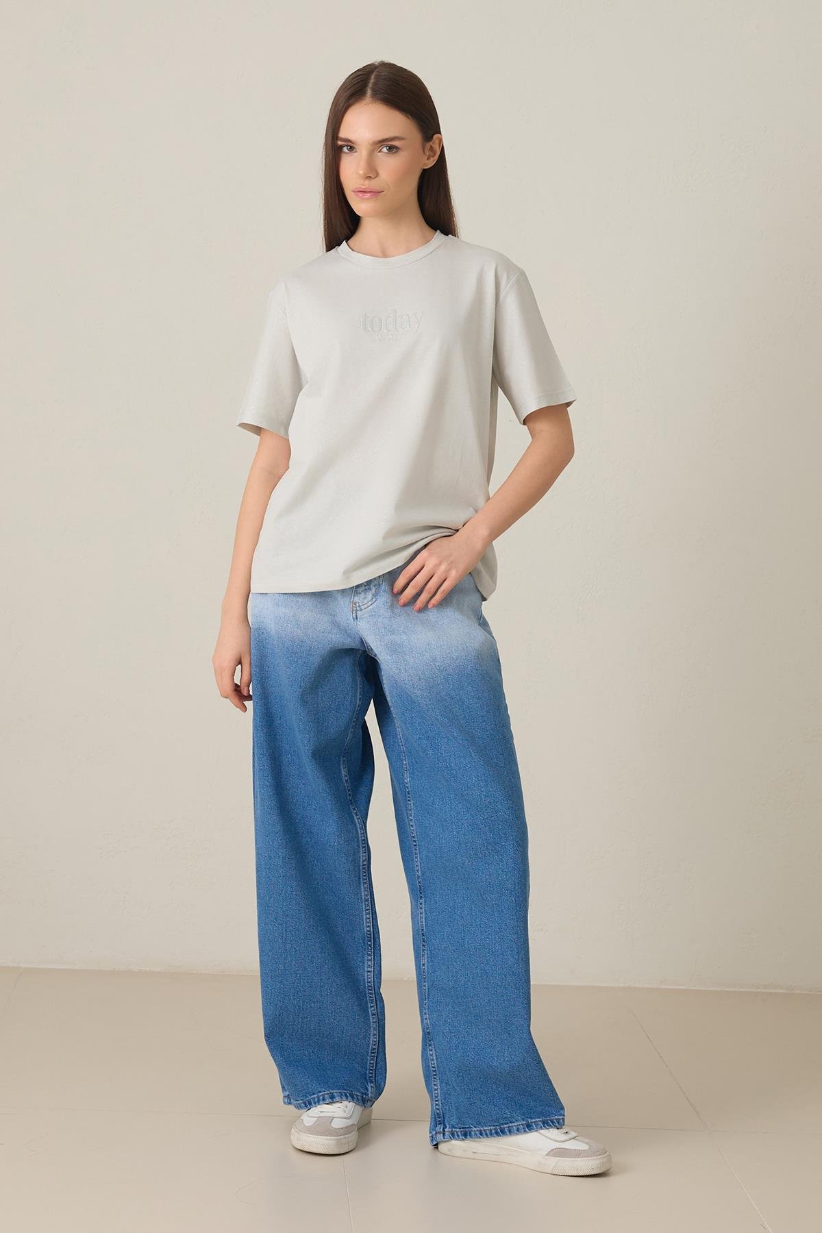 Açık Taş %100 Pamuklu Bisiklet Yaka Basic T-Shirt