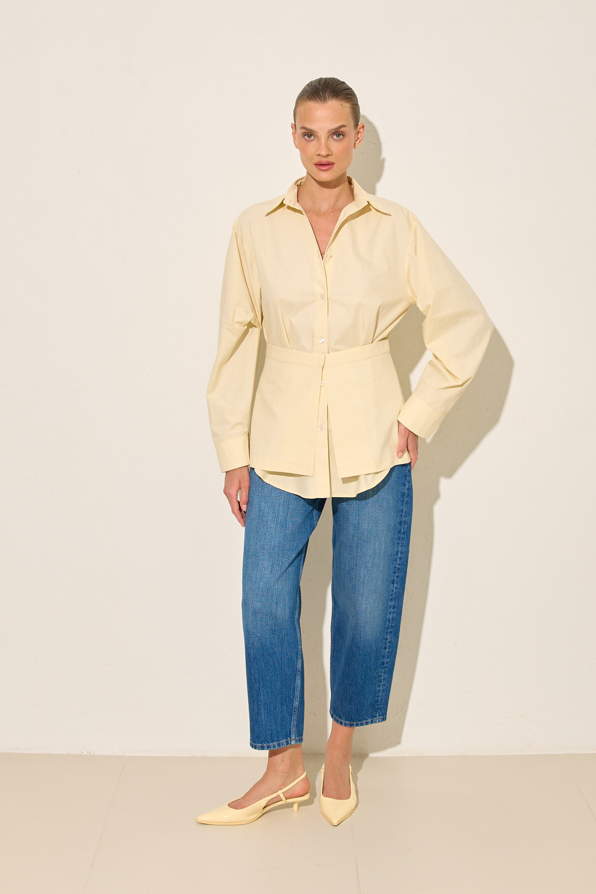 Amber Bel Panelli Uzun Kollu Pamuk Gömlek