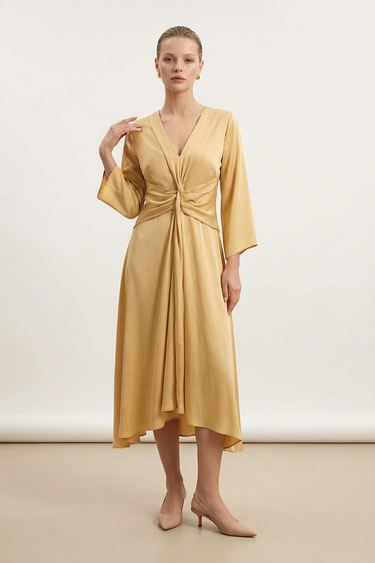 Amber V Yaka Bel Ve Kol Detaylı Midi Boy Elbise Kadın Elbise modelleri